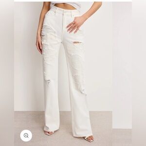 Good American Cream Distressed Flare Jeans